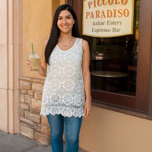 August Silk White Floral Lace Tank Medium Nude Underlay Size Medium